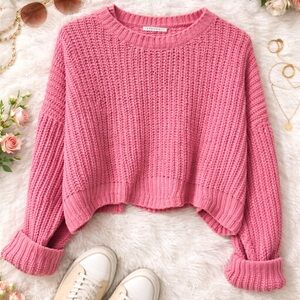 Favlux Pink Chunky Knit Cropped Sweater Size Large Cozy Textured Pullover